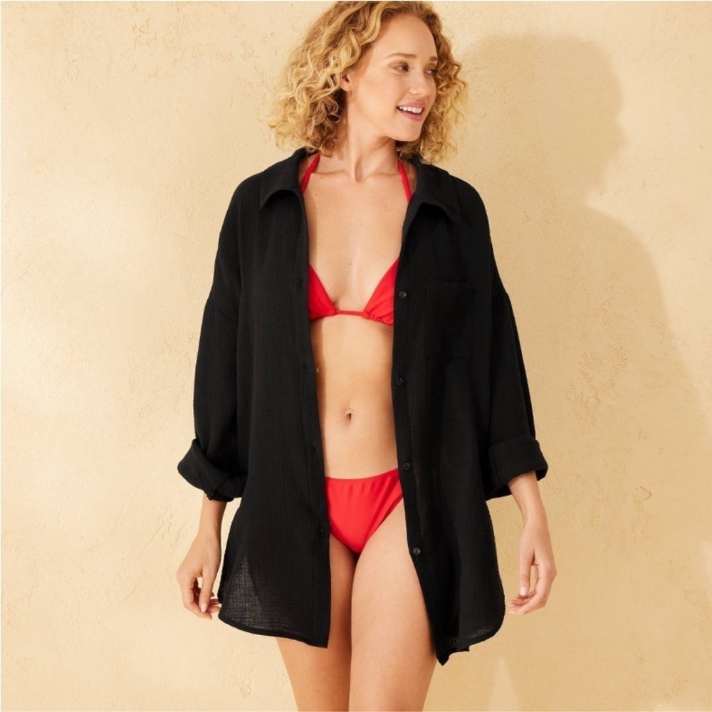 Gauze Cover Up Shirtdress - Shade & Shore™ Black Cotton, Long Sleeve new 🆕